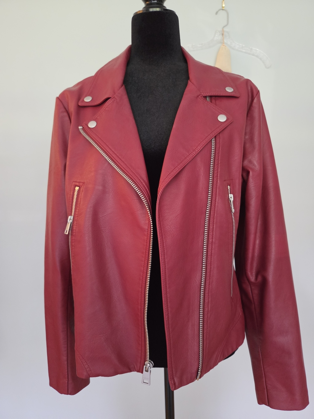 Women's Wine Red Faux Leather Biker Jacket - Unbranded